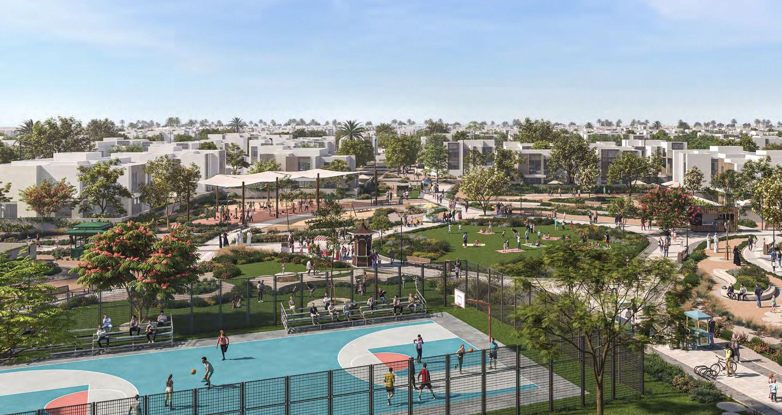 Sustainable community green zone designed for outdoor leisure and social gatherings at Fay Alreeman II, Abu Dhabi
