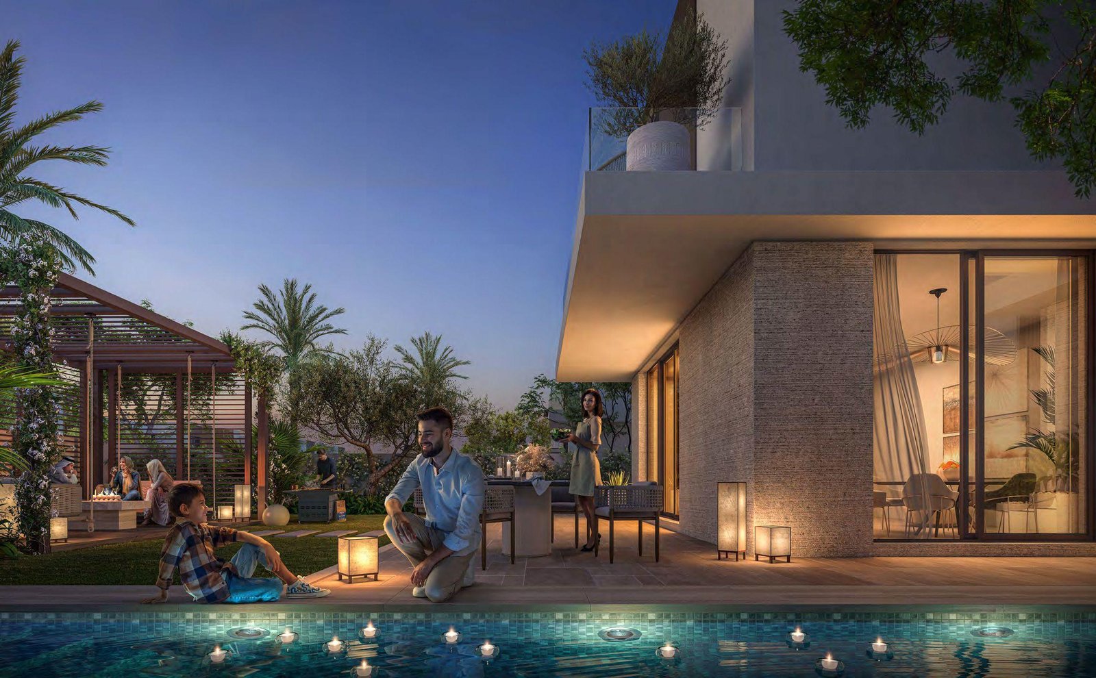 Private villa swimming pool with tiled deck and lounge chairs at Fay Alreeman II, Al Shamkha